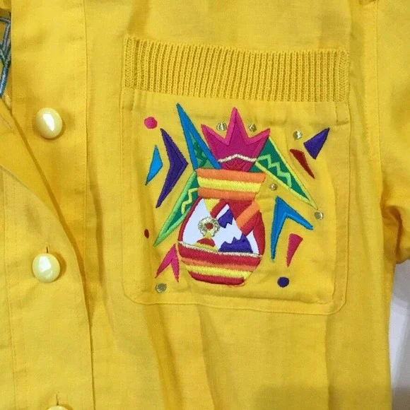 Vintage Floral Embroidered Jacket L Yellow Art to Wear Southwestern Flower - Picture 5 of 10